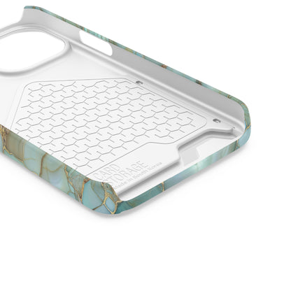 Teal marble phone case with card holder, ochre veining on aqua stone