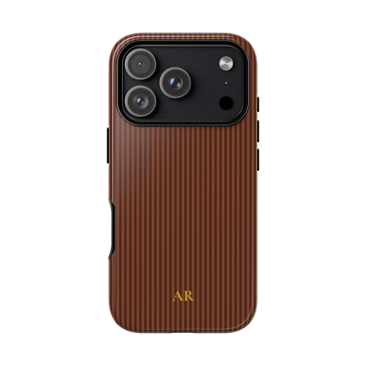Personalized walnut brown striped tough phone case with gold monogram