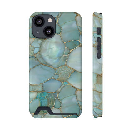 Teal marble phone case with card holder, ochre veining on aqua stone