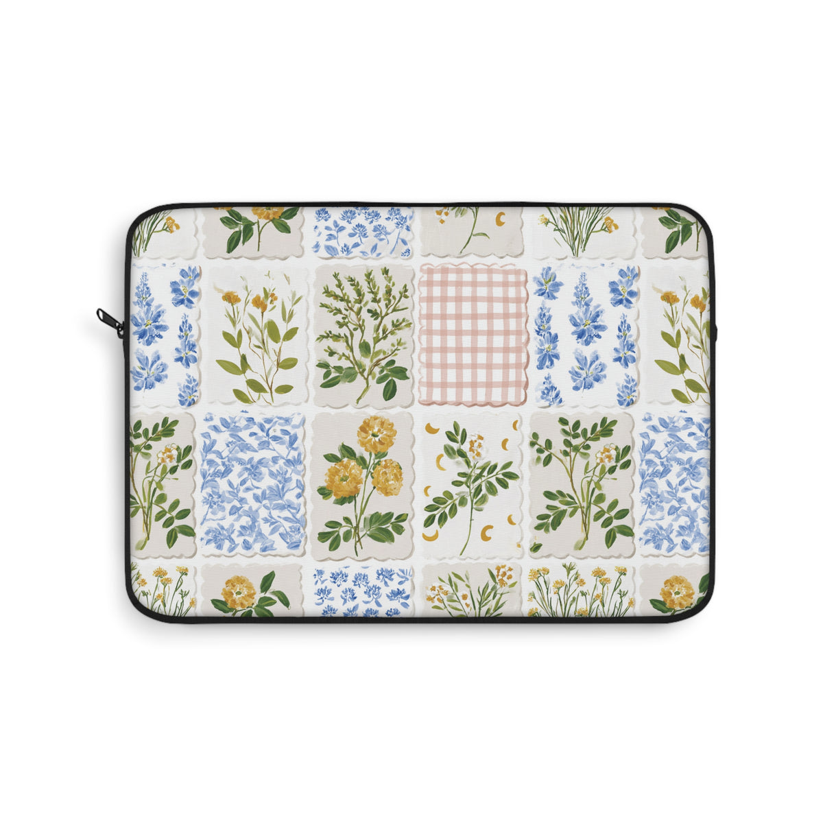 Patchwork floral laptop sleeve with a black zipper