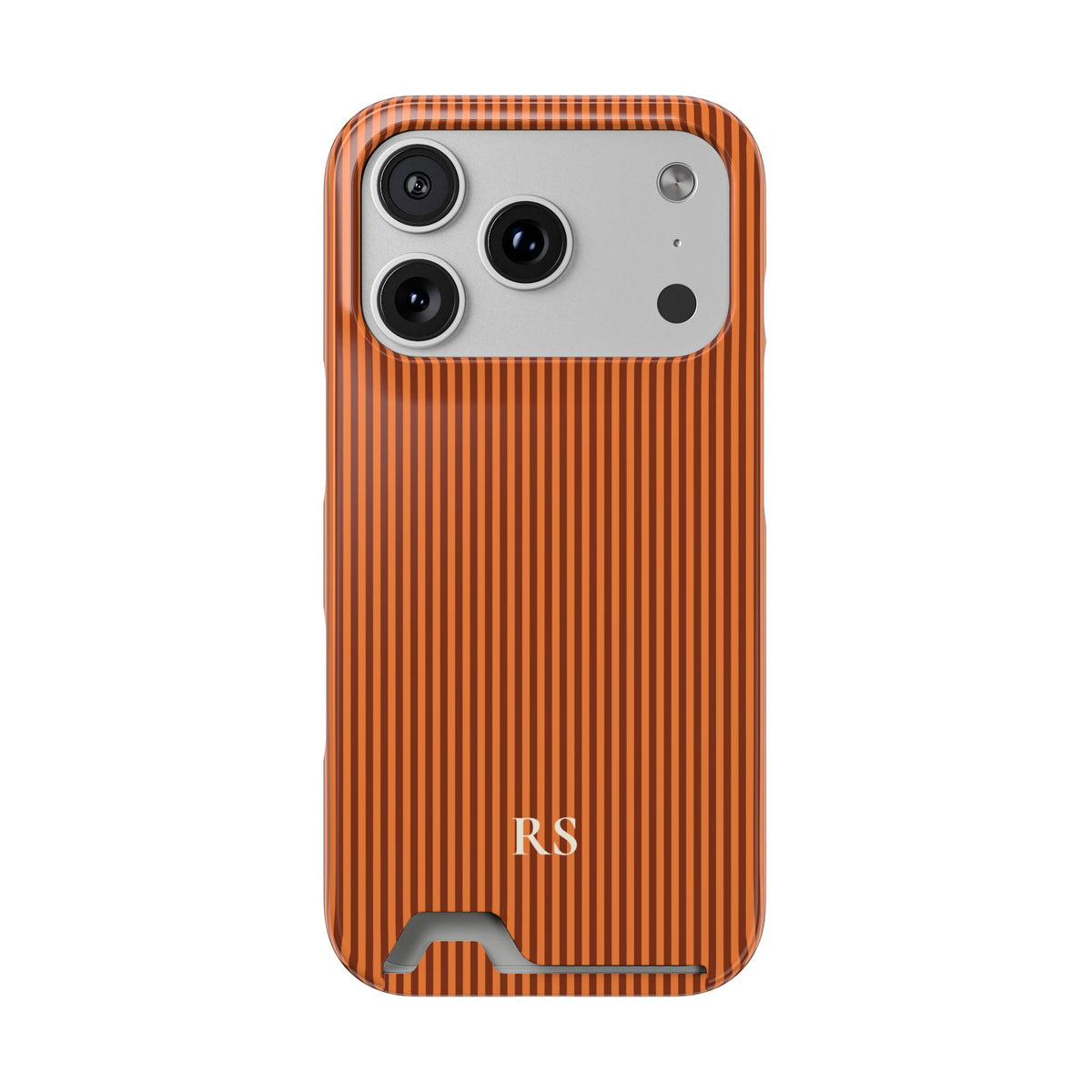 Personalized burnt orange striped phone case with card holder, front view
