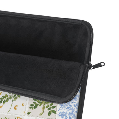 Floral patchwork laptop sleeve with blue toile and gingham tiles