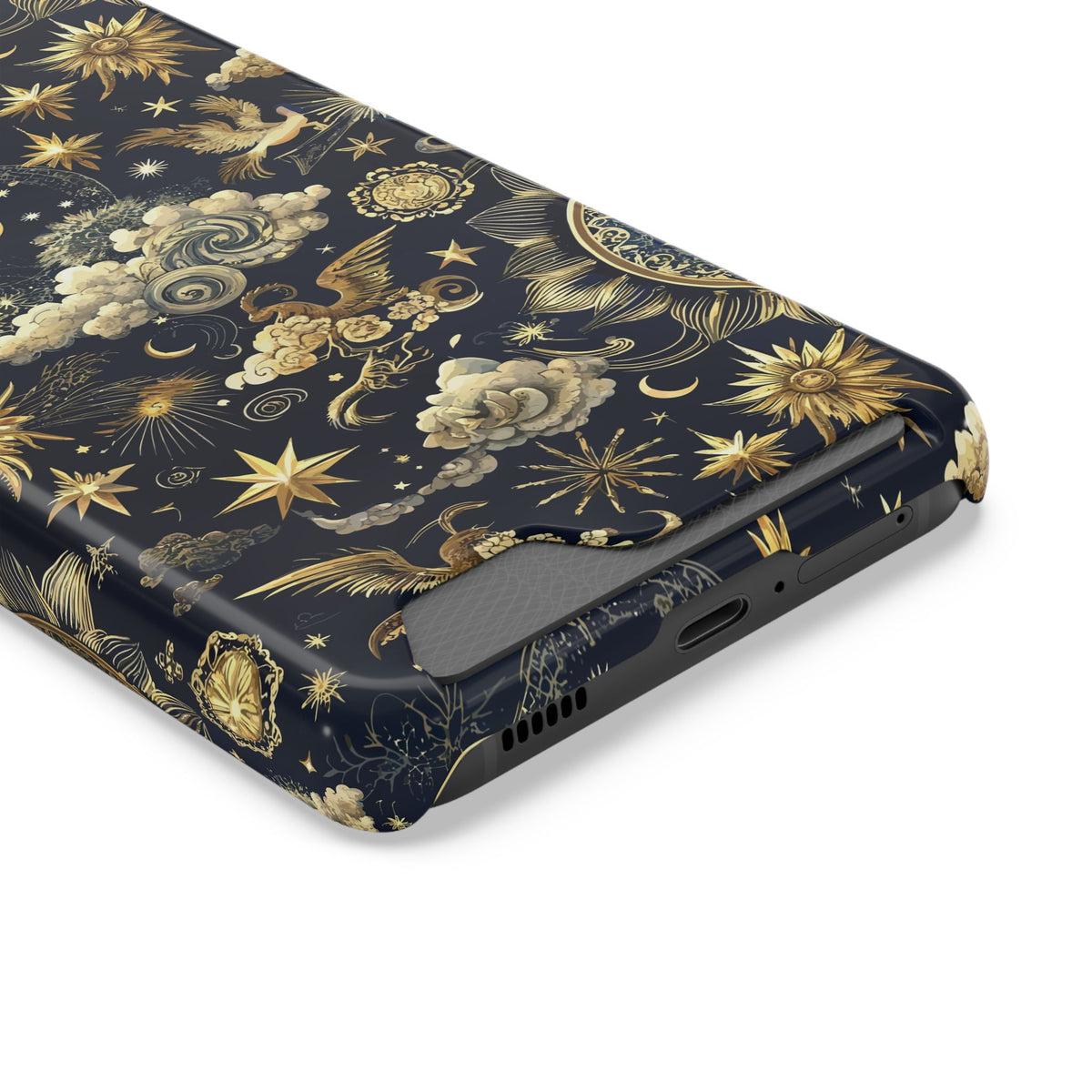 Navy celestial phone case with card holder, yellow suns and moons on midnight blue