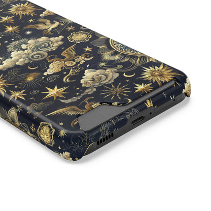 Navy celestial phone case with card holder, yellow suns and moons on midnight blue