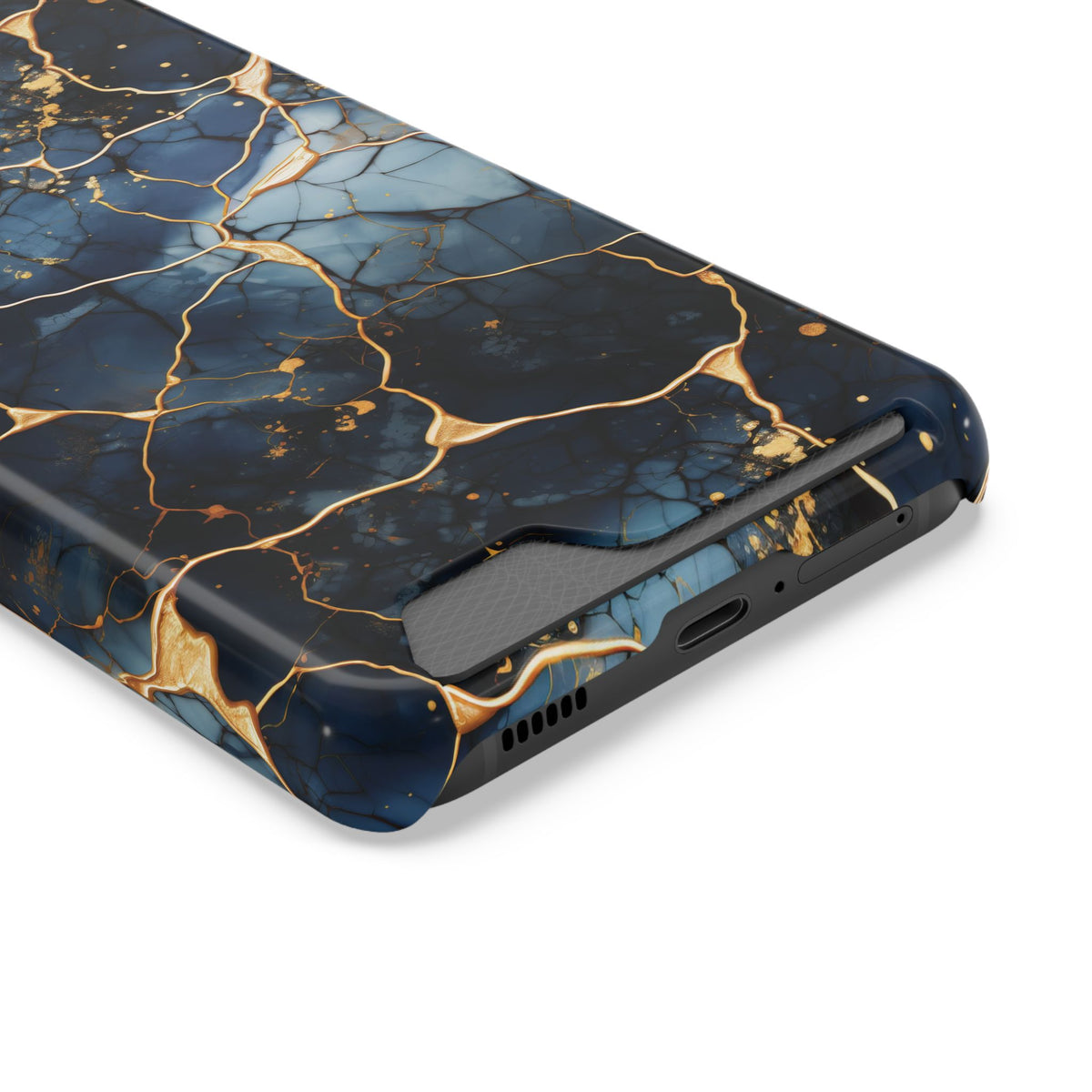 Navy marble print phone case with card holder, ochre-toned veins on deep blue