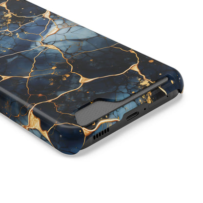 Navy marble print phone case with card holder, ochre-toned veins on deep blue