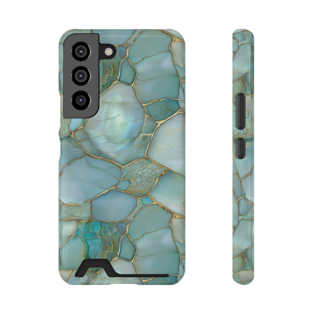 Teal marble phone case with card holder, ochre veining on aqua stone
