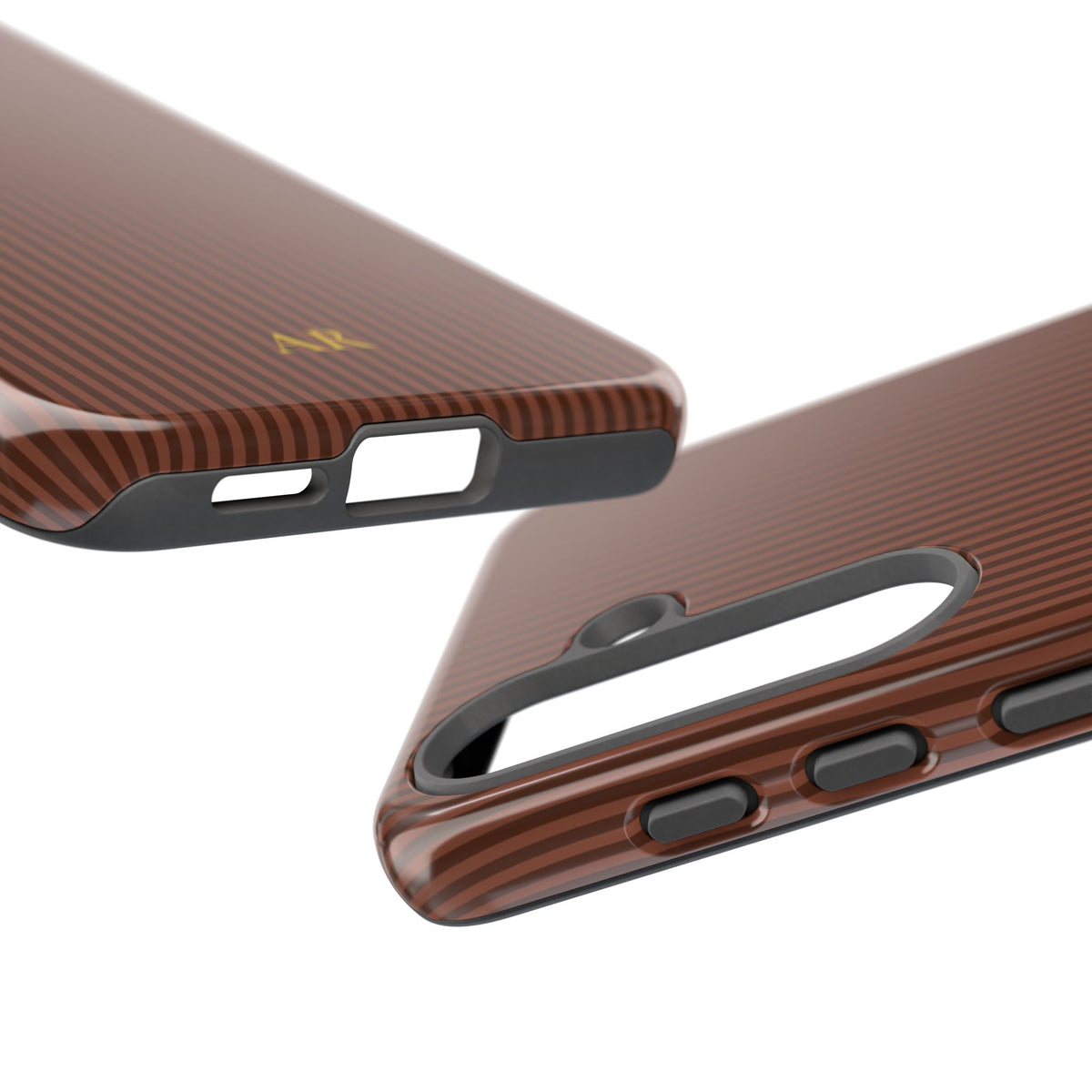 Walnut brown pinstripe print with a gold monogram