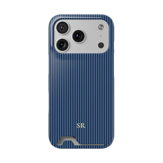 Personalized navy blue striped phone case with card holder and yellow initials