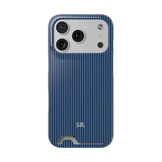 Personalized navy blue striped phone case with card holder and yellow initials