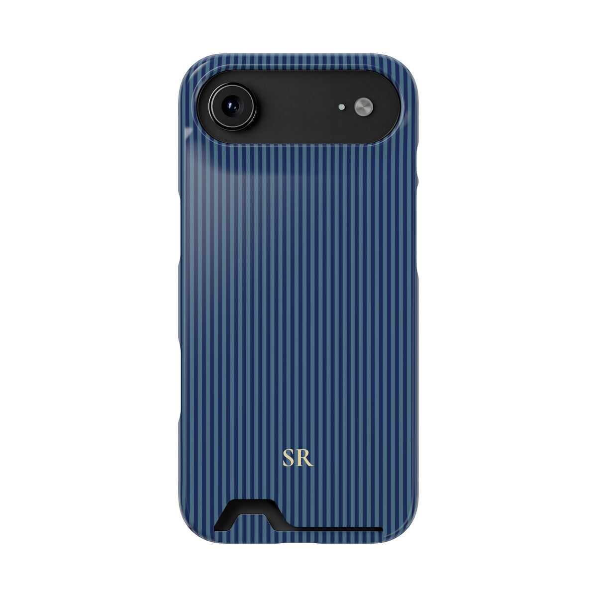 Personalized navy blue striped phone case with card holder and yellow initials