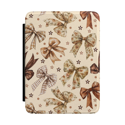 Bow print Kindle case in brown and cream with gingham, satin and floral bows