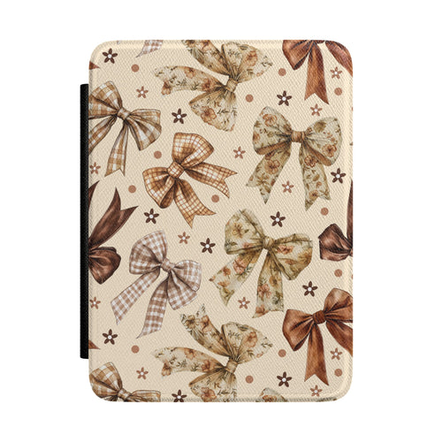 Bow print Kindle case in brown and cream with gingham, satin and floral bows