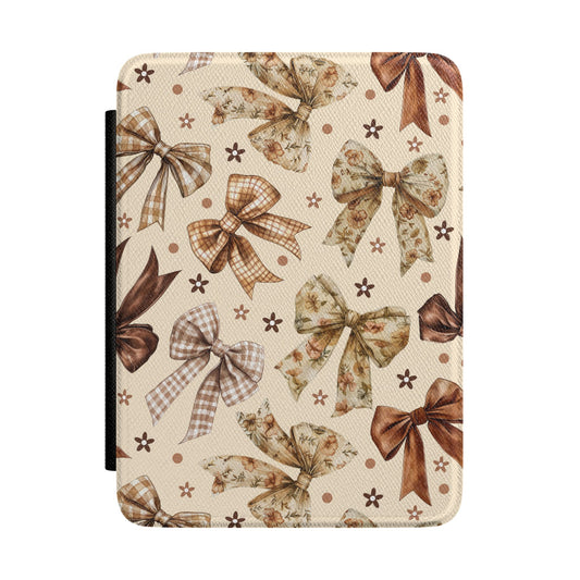 Bow print Kindle case in brown and cream with gingham, satin and floral bows