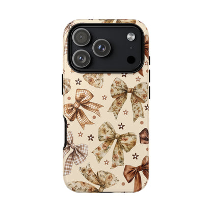 Autumn bow tough phone case in cream with brown gingham, satin and floral bows