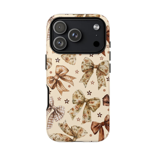 Autumn bow tough phone case in cream with brown gingham, satin and floral bows