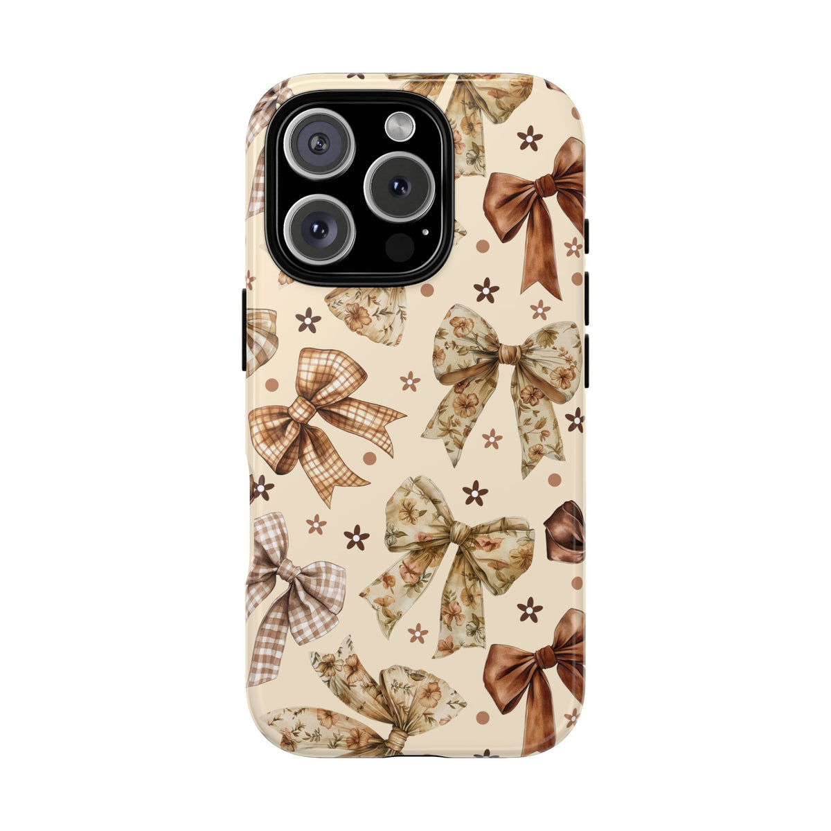 Bow print tough phone case shown from the back with the raised camera edge