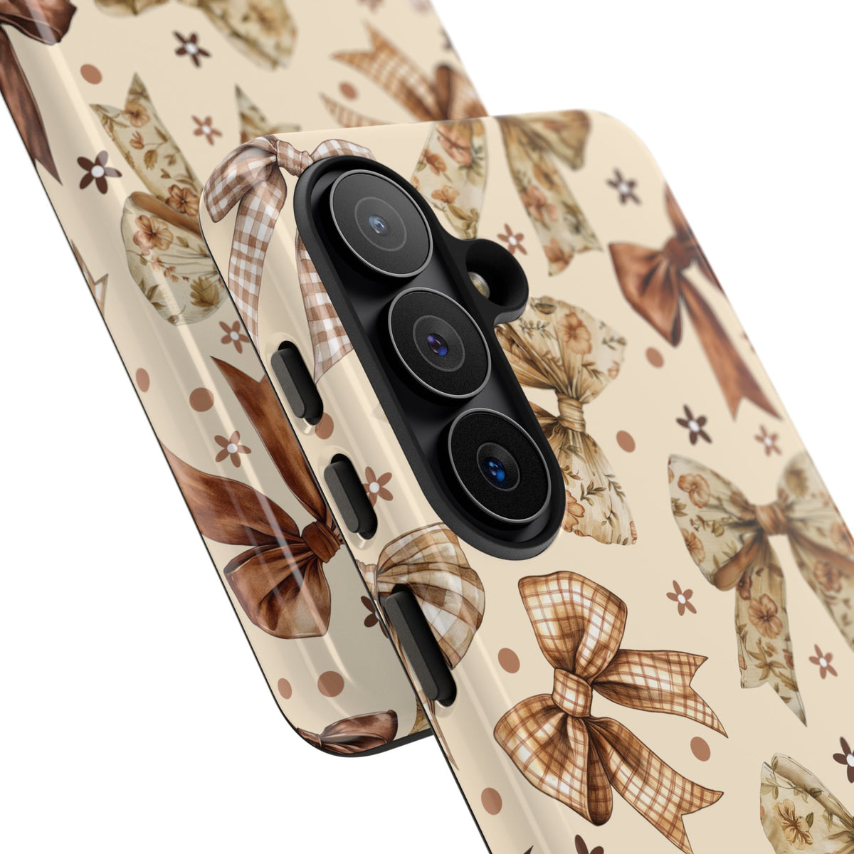 Brown and cream bow tough phone case side view showing the wrapped print