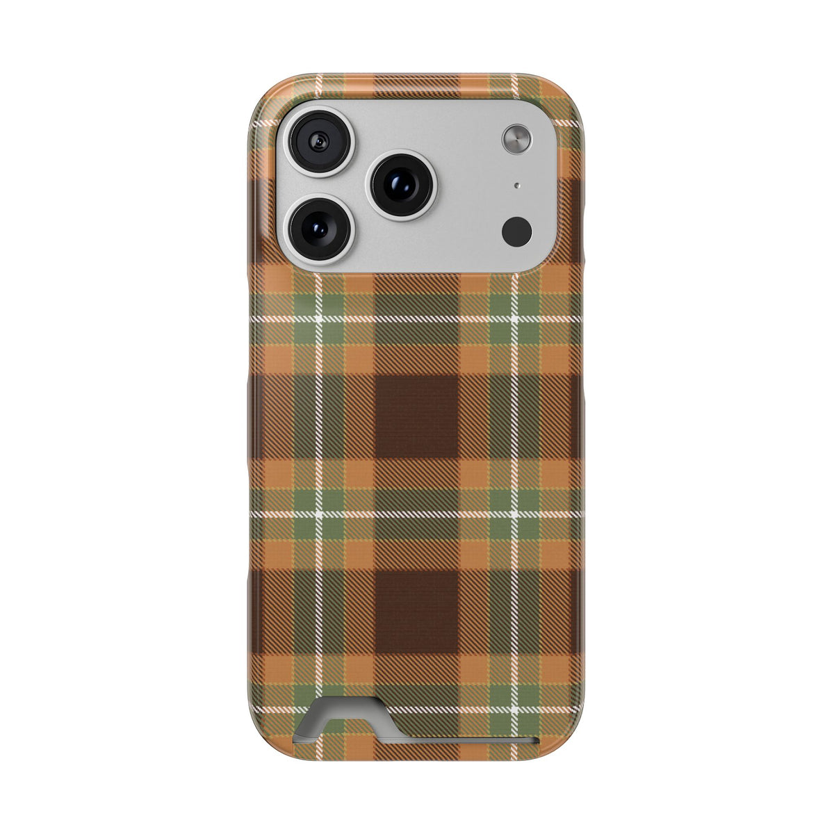 Autumn plaid phone case with card holder, front view