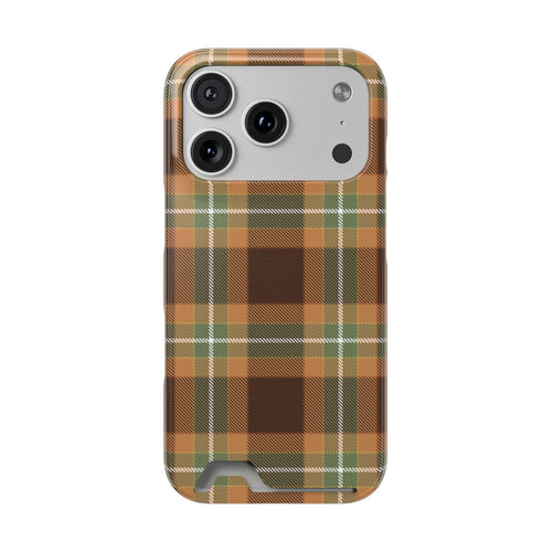 Autumn plaid phone case with card holder, front view