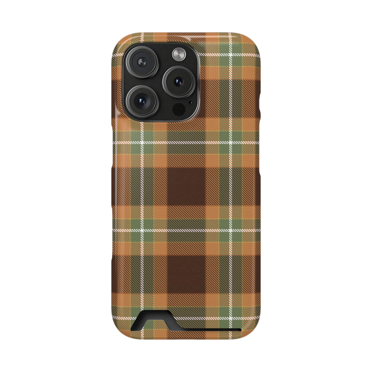 Autumn plaid phone case with card holder, detail view