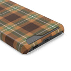 Autumn plaid phone case with card holder, angled view