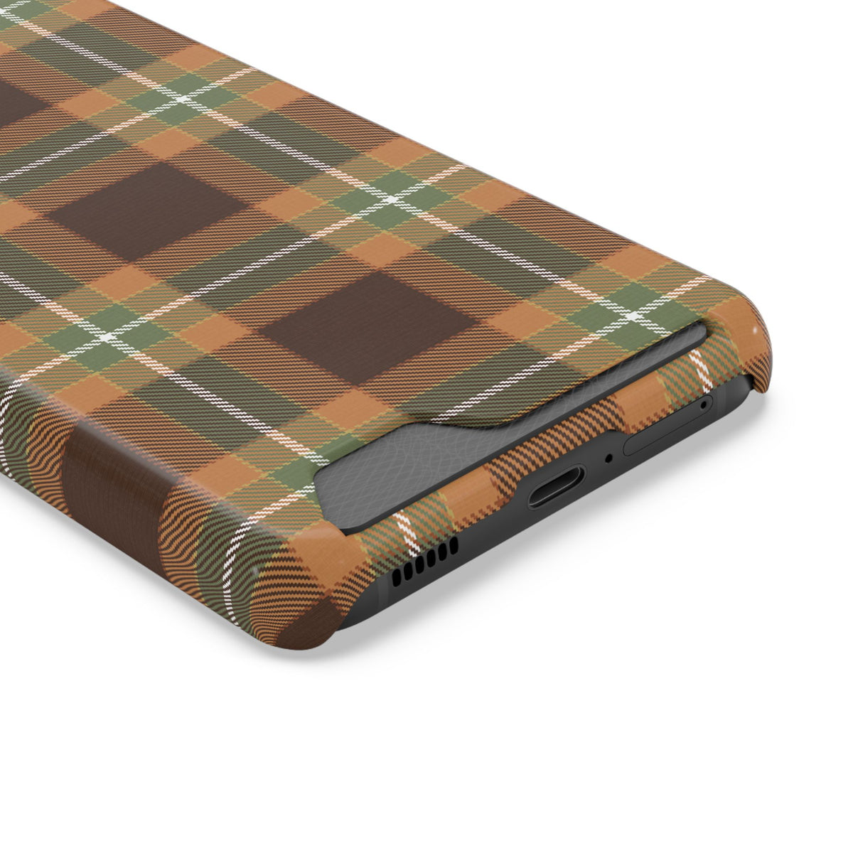 Autumn plaid phone case with card holder, angled view