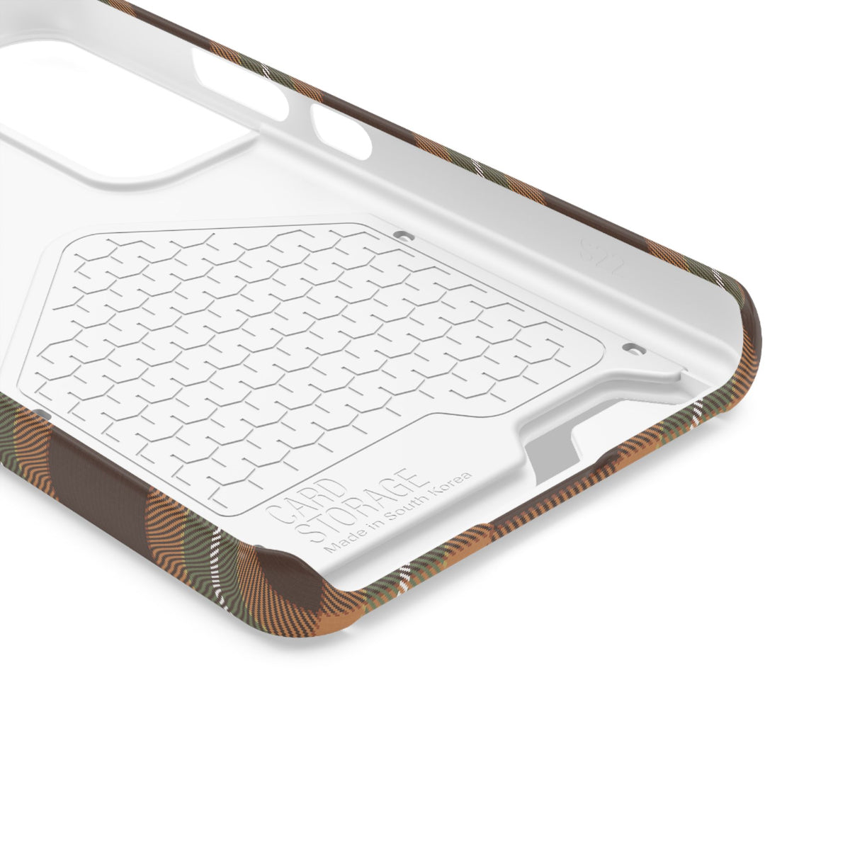 Autumn plaid phone case with card holder, lifestyle view