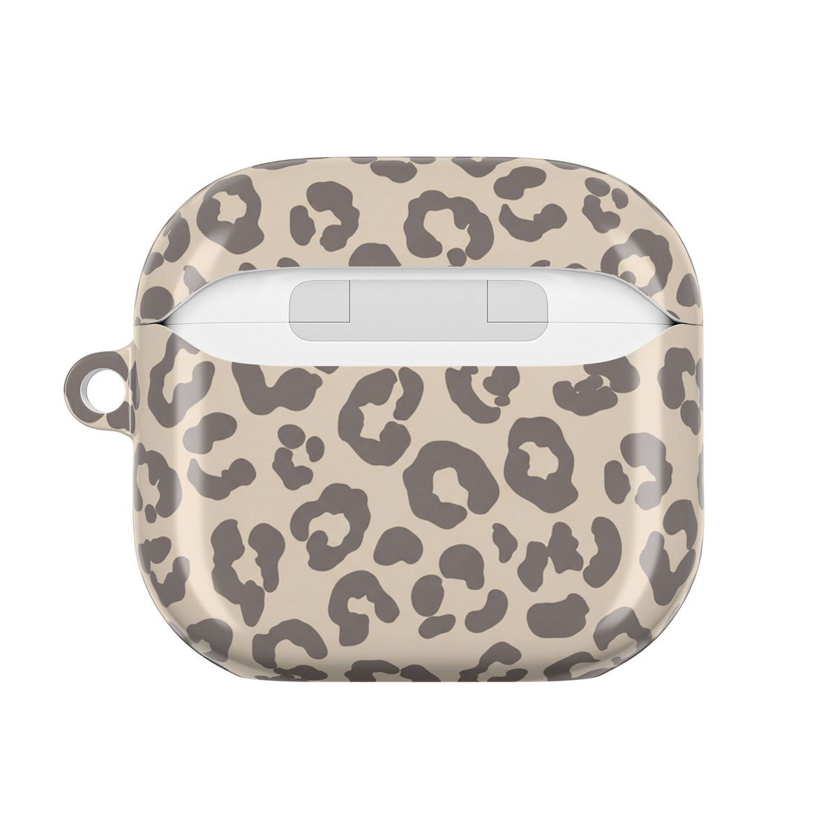 Beige leopard print AirPod case, detail view