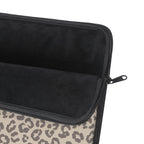 Beige leopard print laptop sleeve, detail view