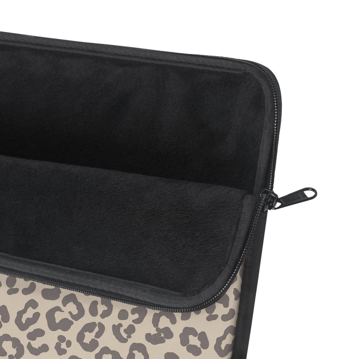 Beige leopard print laptop sleeve, detail view
