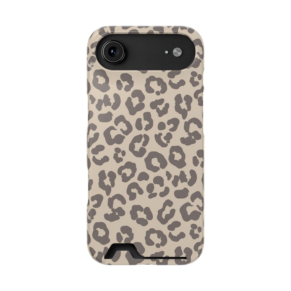 Beige leopard print phone case with card holder, taupe rosettes on beige