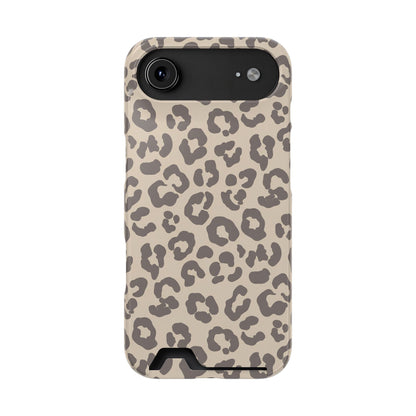 Beige leopard print phone case with card holder, taupe rosettes on beige