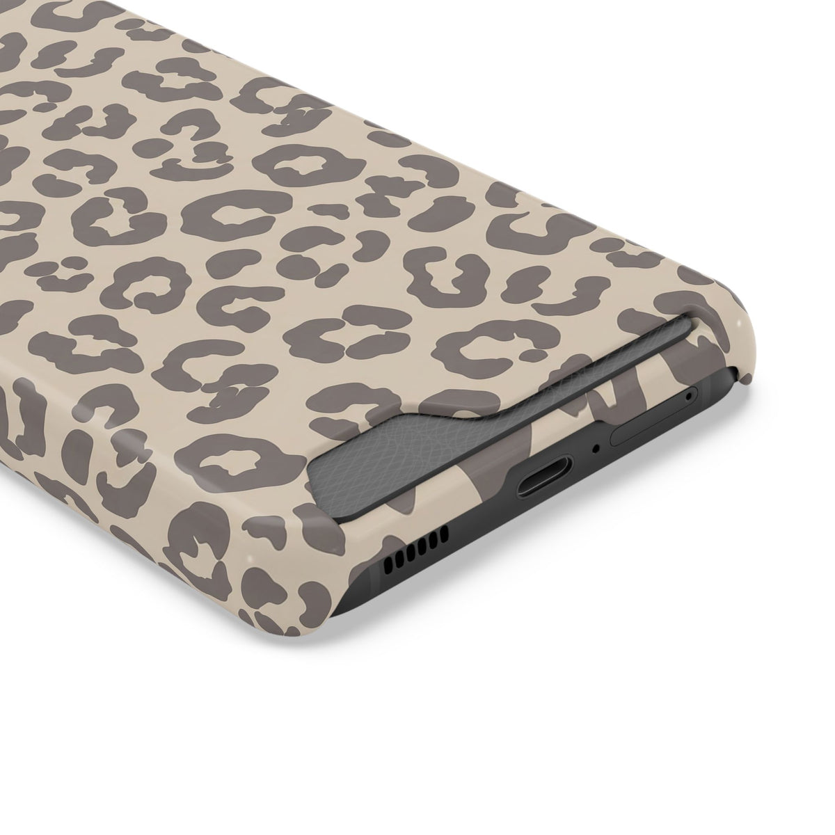 Beige leopard print phone case with card holder, taupe rosettes on beige