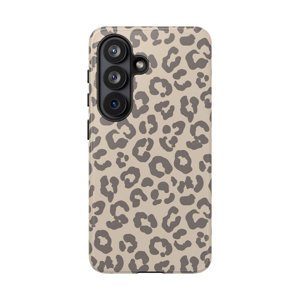 Beige leopard print tough phone case, taupe rosettes on beige