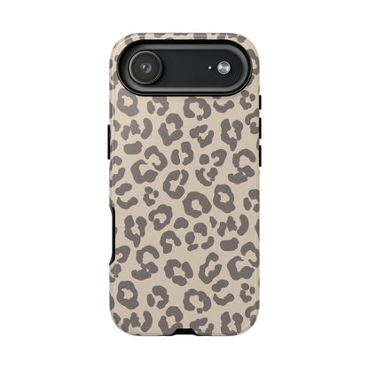 Beige leopard print tough phone case, taupe rosettes on beige