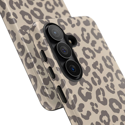 Beige leopard print tough phone case, taupe rosettes on beige