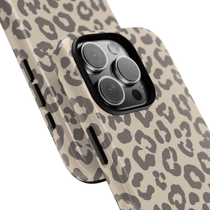 Beige leopard print tough phone case, taupe rosettes on beige
