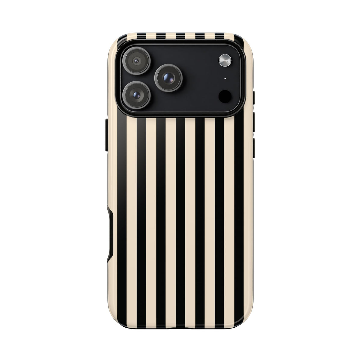 Black and cream striped tough phone case, back view