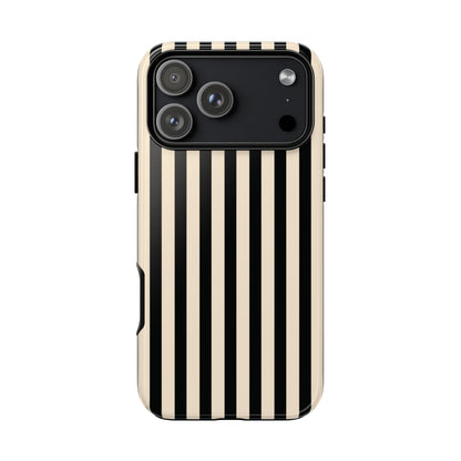 Black and cream striped tough phone case, back view