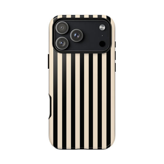 Black and cream striped tough phone case, back view