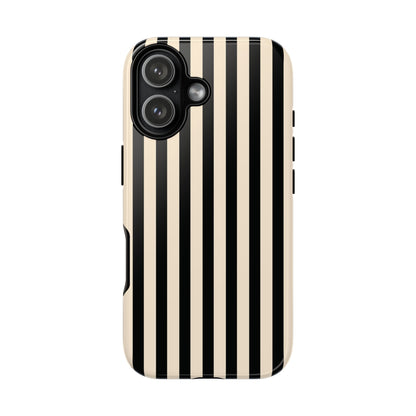 Black and cream vertical stripe tough phone case, angled view