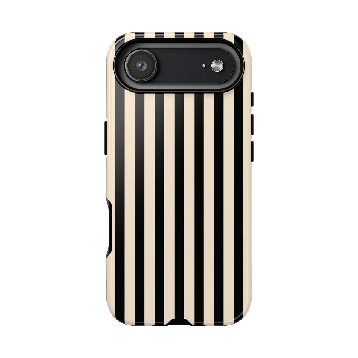 Black and cream striped tough phone case, raised edge detail