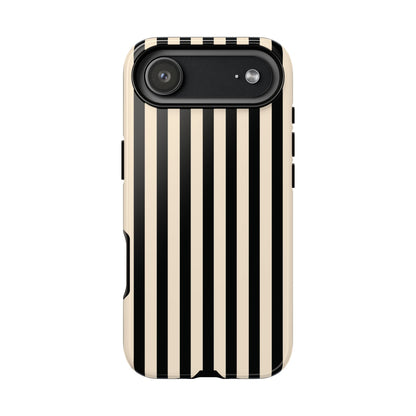Black and cream striped tough phone case, raised edge detail