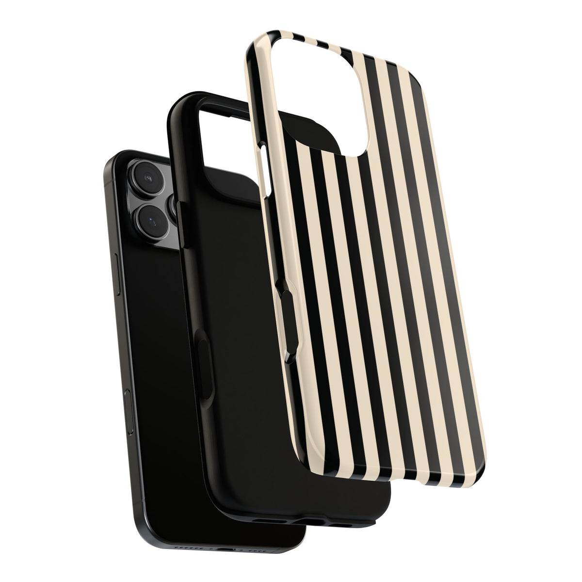 Black and cream striped tough phone case lying flat