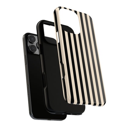 Black and cream striped tough phone case lying flat