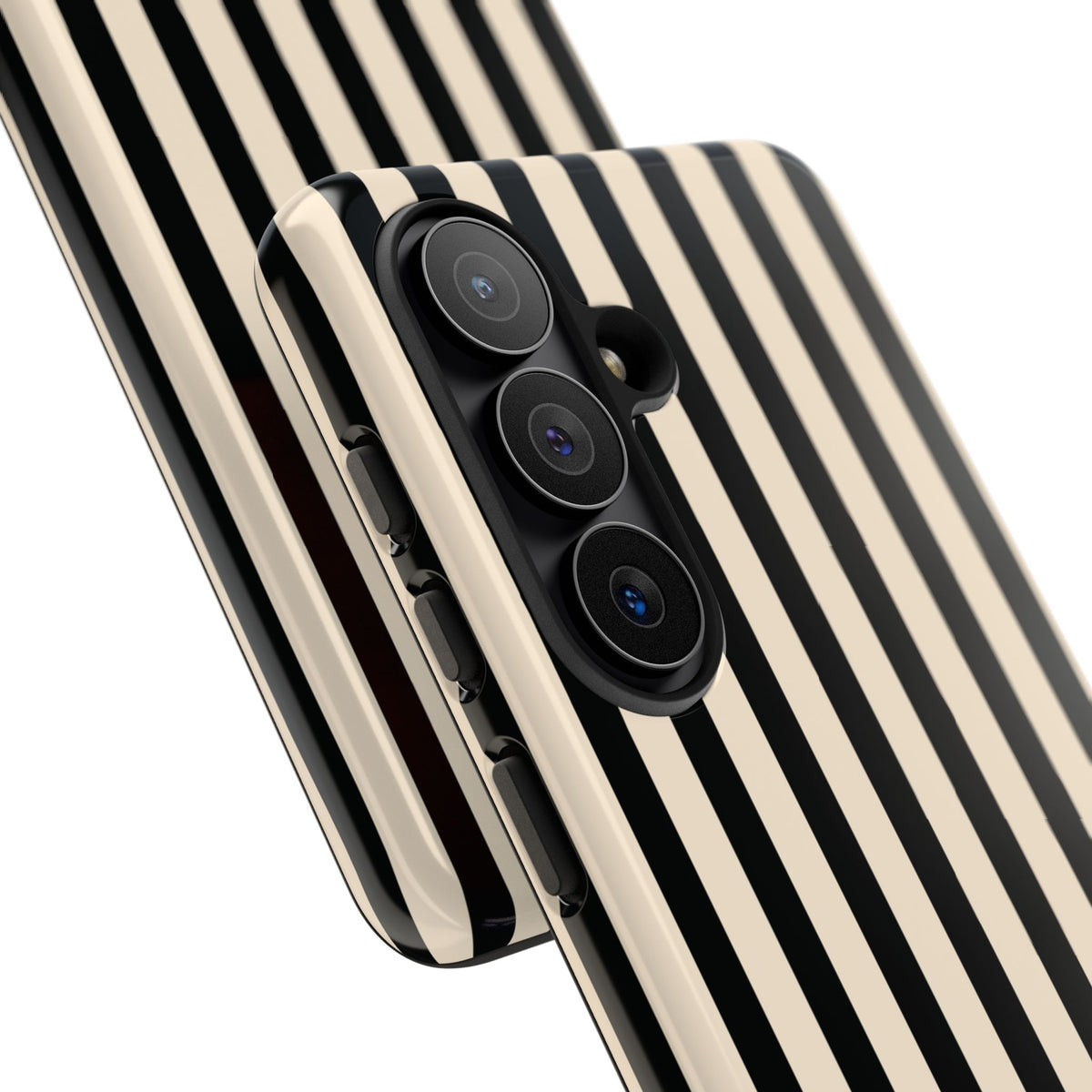 Black and cream striped tough phone case, lifestyle photo