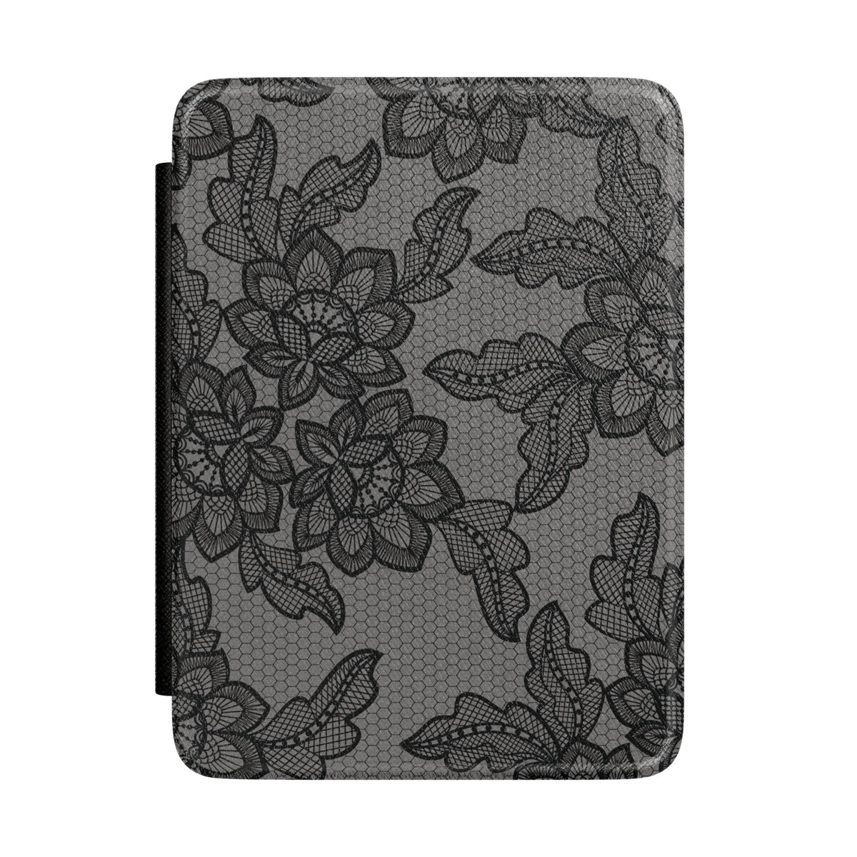 Black lace print Kindle case, black floral lace on gray