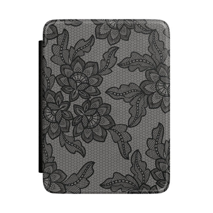 Black lace print Kindle case, black floral lace on gray