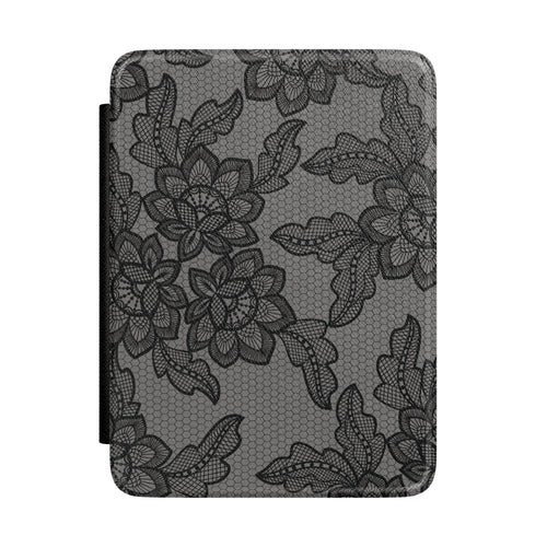 Black lace print Kindle case, black floral lace on gray